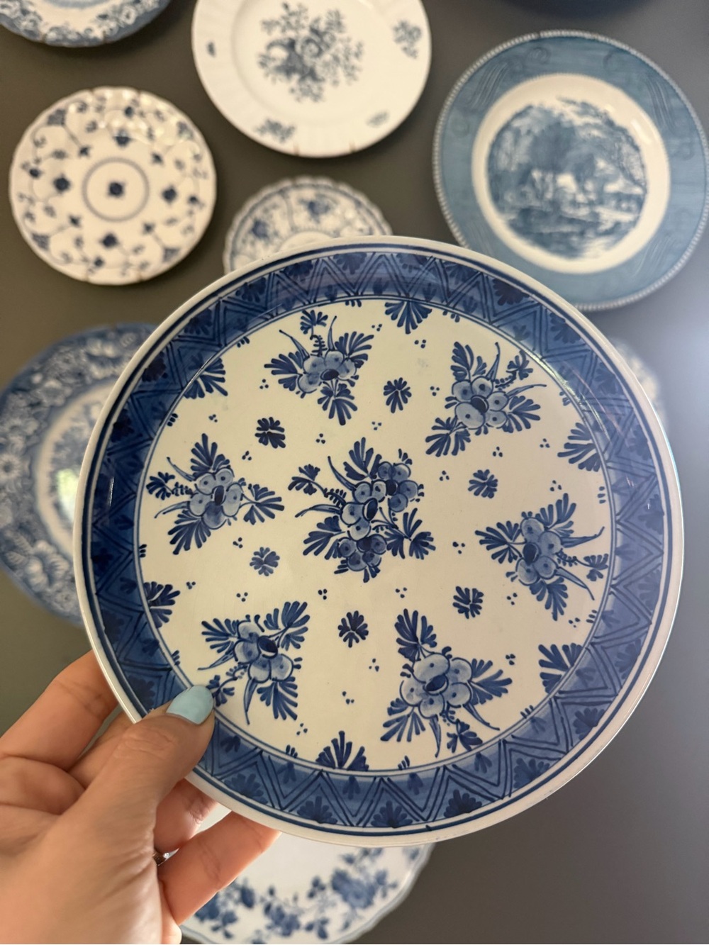1957 Royal Delft Blue Hand-Painted Floral Plate - Focke & Meltzer Label